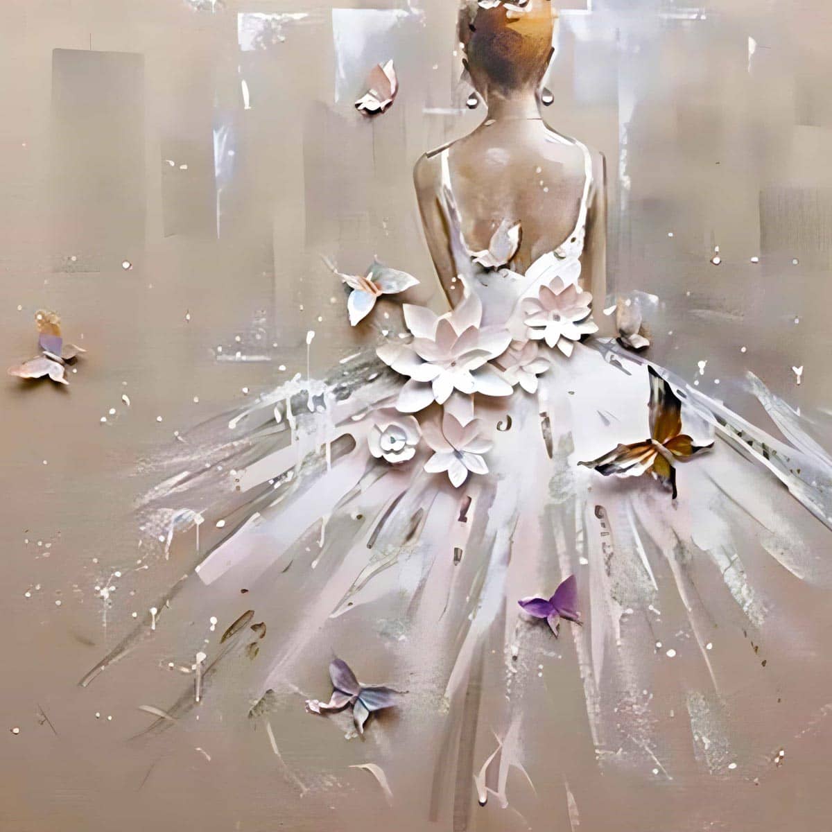 Malen nach Zahlen - Frau mit weißem Kleid, Schmetterlinge und Blumen - hochwertige Leinwand - menschen, neue_bilder, quadratisch, schmetterling