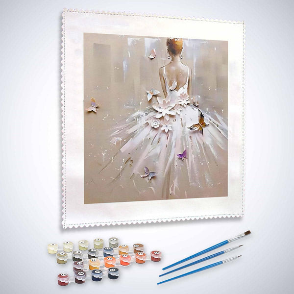 Malen nach Zahlen - Frau mit weißem Kleid, Schmetterlinge und Blumen - hochwertige Leinwand - menschen, neue_bilder, quadratisch, schmetterling