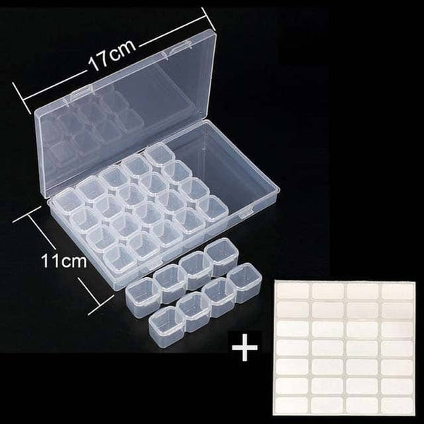 Diamond Painting Aufbewahrungsbox Standard with 28 compartments including dimensions of 17cm x 11cm on a black background