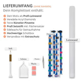 Diamond Painting Kit Lieferumfang mit Profi-Leinwand, Acryl Diamonds, Künstler-Pinzette, Setzstift, Schüttbox, Wachs und Versandbox