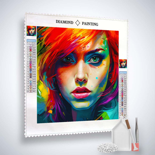 AB Diamond Painting Portrait Farbexplosion - Vibrant colorful woman's face with diamond painting kit