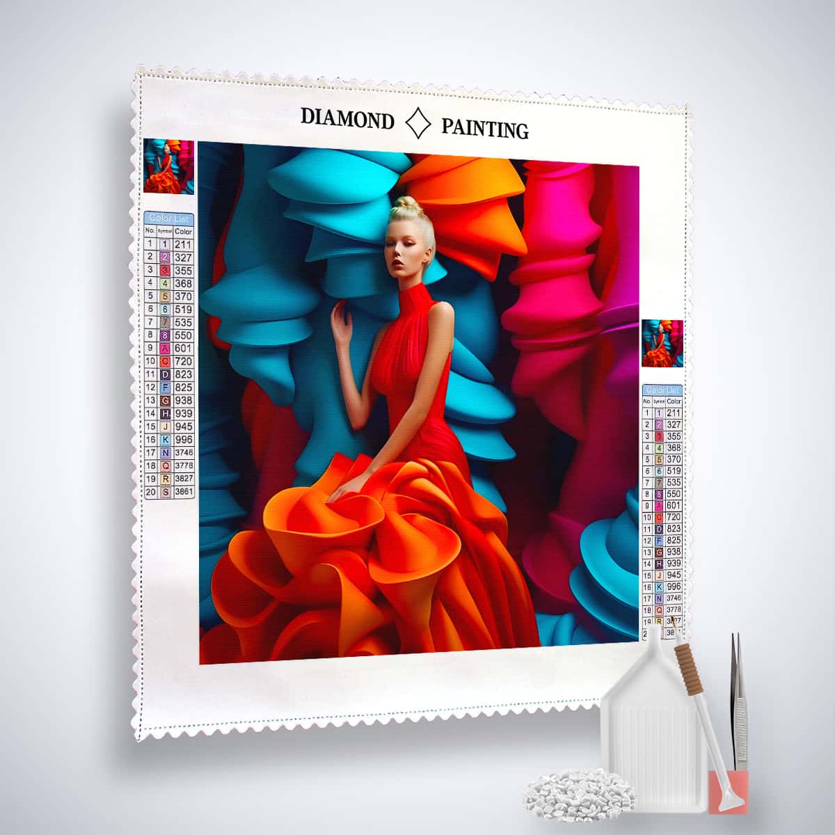 AB Diamond Painting of a woman in an extravagant dress, featuring vibrant colors and included tools for creating sparkling artwork.