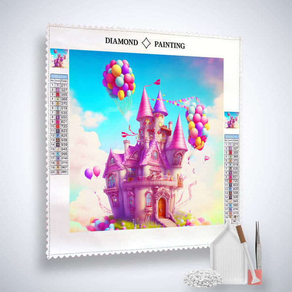 Diamond painting kit featuring a fairy tale castle with vibrant balloons against a bright blue sky, complete with tools and materials.