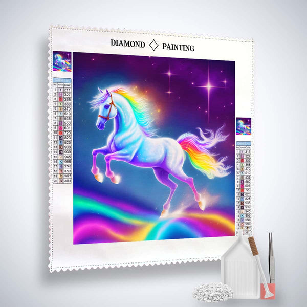 AB Diamond Painting Einhorn auf Regenbogen fertiges Produkt mit funkelnden Steinen und Werkzeug-Set