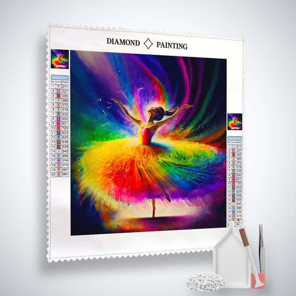 Colorful ballerina AB diamond painting kit with a rainbow-colored dress and tools for creating stunning sparkling artwork.