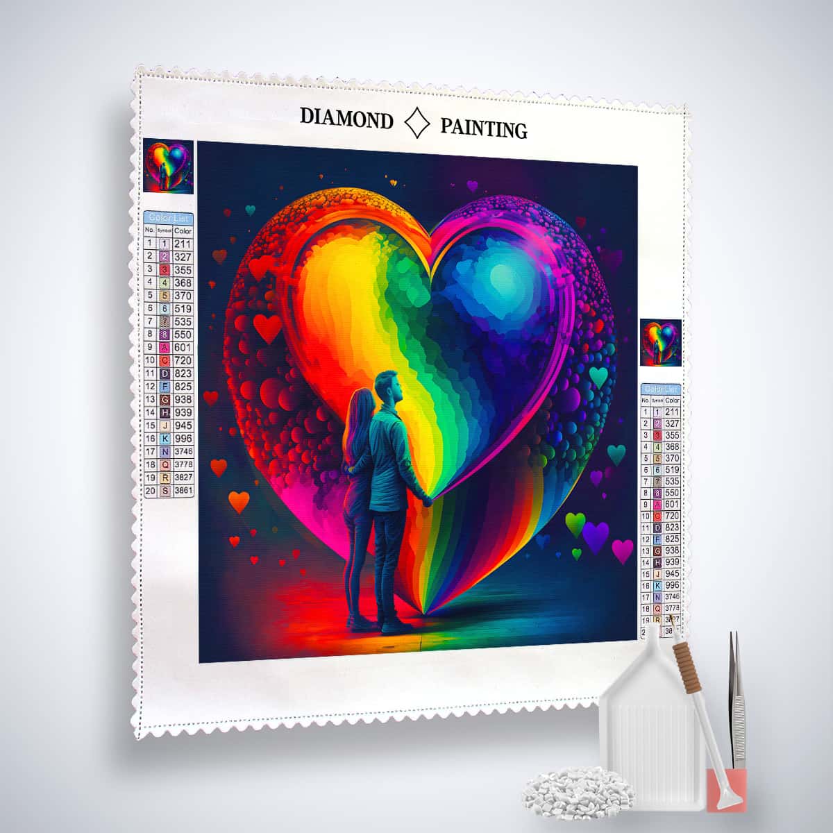 AB Diamond Painting Buntes Herz der Liebe Paar - Funkelndes Herz in lebendigen Farben mit romantischem Paar in einzigartiger Kunstform
