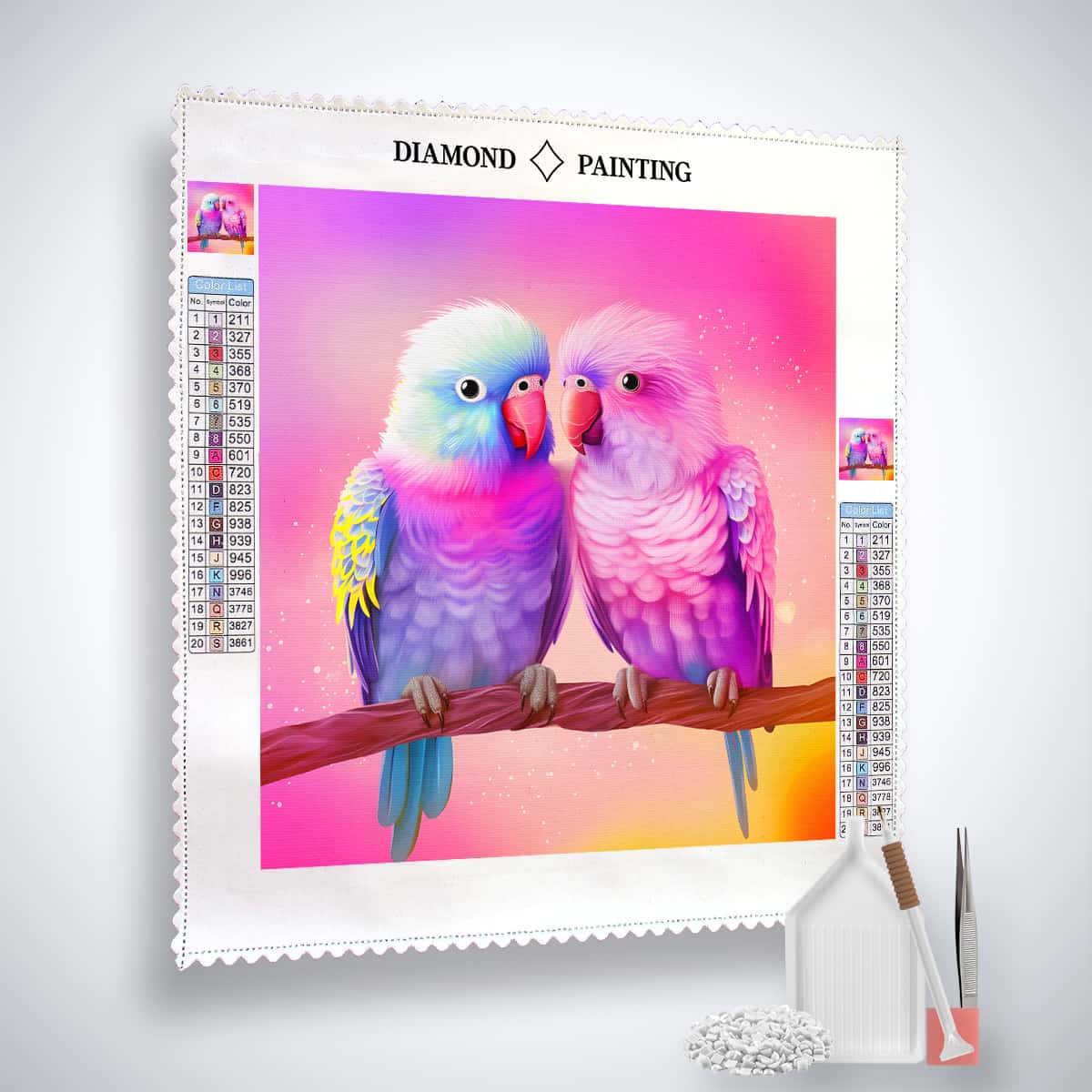 AB Diamond Painting - Unzertrennliche, zwei bunte Papageien auf einem Ast, funkelnde Mosaikkunst, perfekt für künstlerische Kreationen.