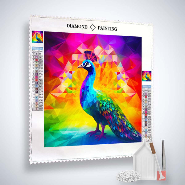 AB Diamond Painting - Diamant Pfau mit bunten, funkelnden Mosaiken und Werkzeugen für die Kunstform der AB-Diamantmalerei.
