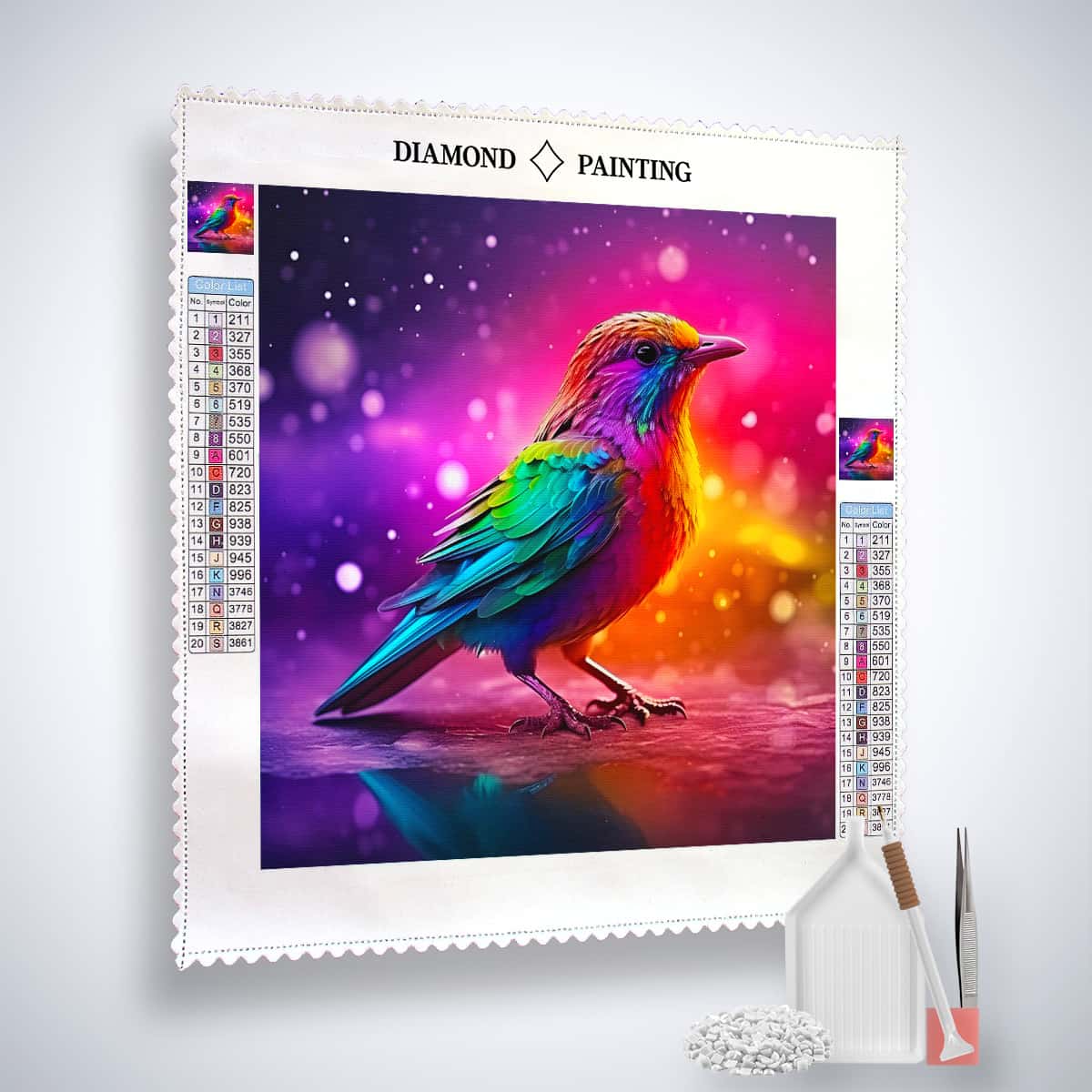 AB Diamond Painting - Bunter leuchtender Vogel, funkelndes Bild für Künstler und Bastler. Kunstwerk kombiniert Malerei und Mosaiktechniken.