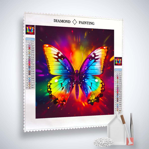 AB Diamond Painting - Regenbogen Schmetterling mit strahlenden Farben und funkelnden Details, Kunstwerk kombiniert Malerei und Mosaiktechniken