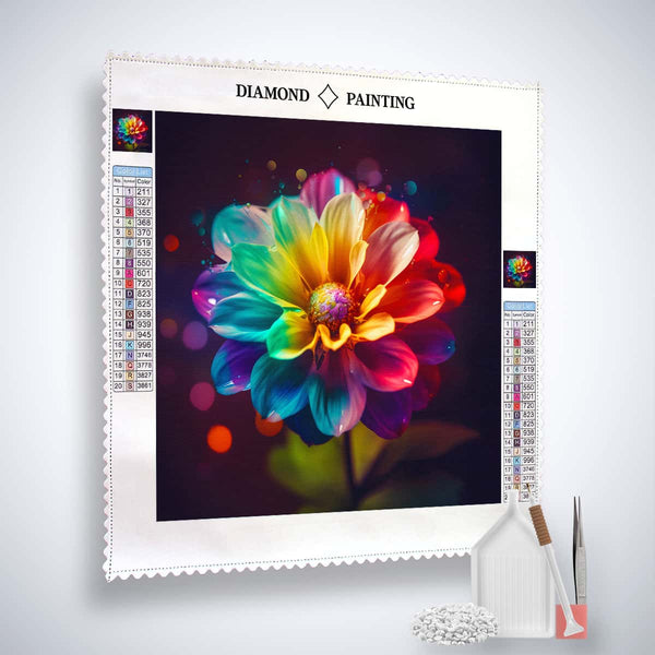 Diamond painting kit featuring a vibrant rainbow flower design with tools for creating sparkling artwork.