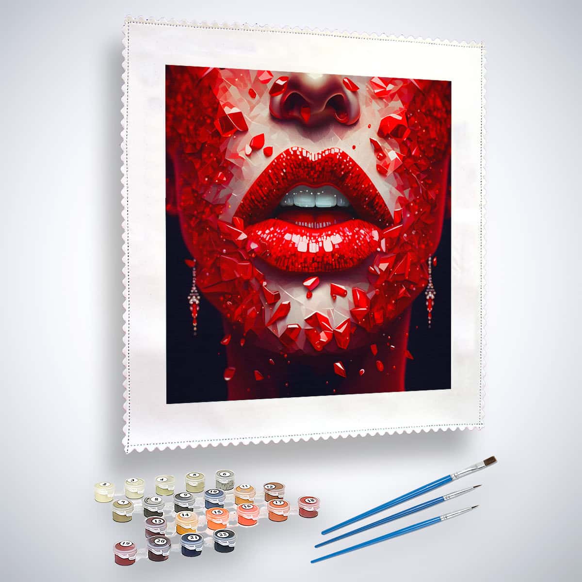 Paint by Numbers kit "Red Lips" featuring a vivid red lip artwork with paint pots and brushes next to the canvas.