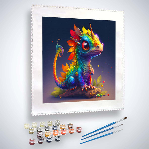 Malen nach Zahlen Set mit einem bunten Regenbogendrachen-Motiv, Farben und Pinseln für entspannendes Malen.