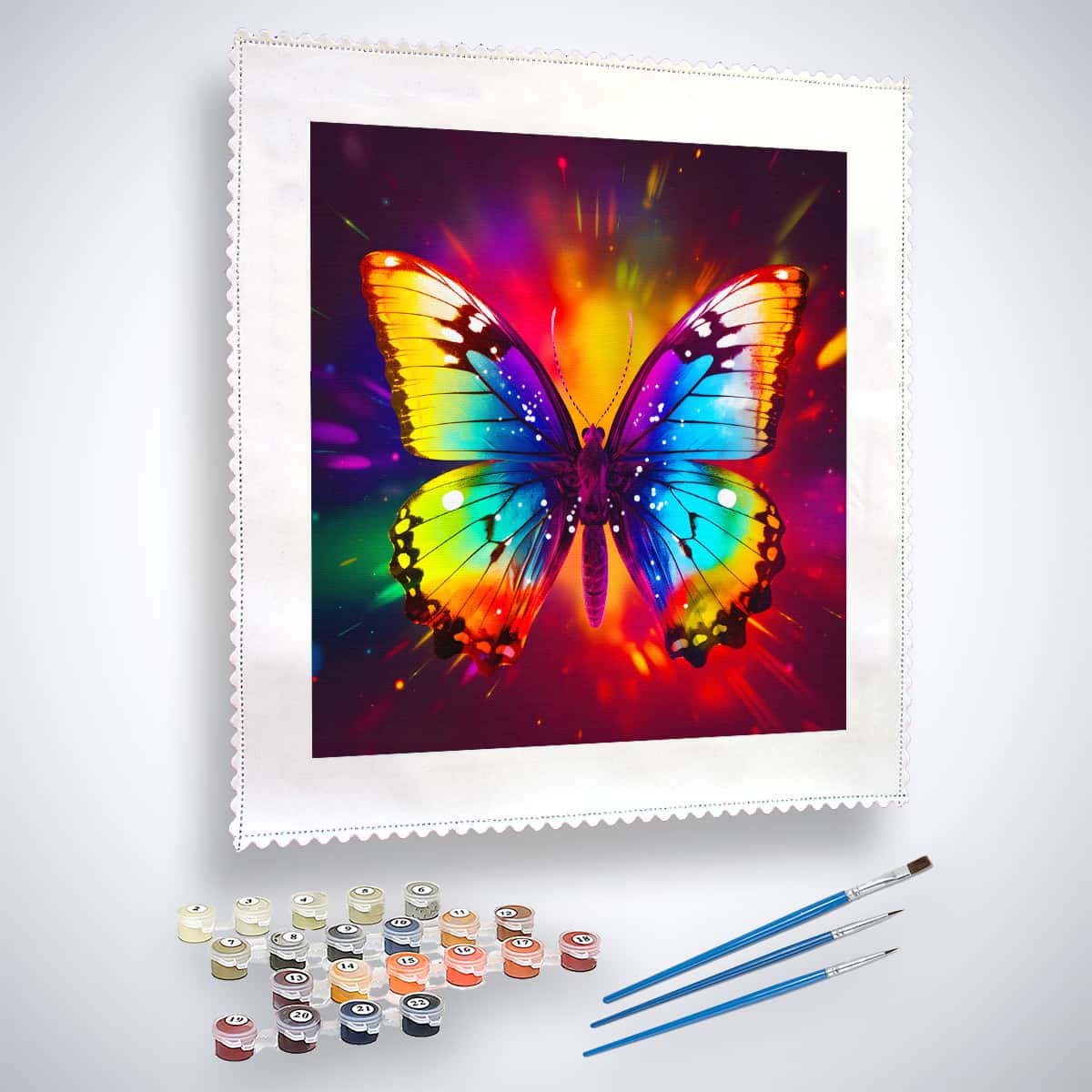 Malen nach Zahlen Kit - Regenbogen Schmetterling inklusive Farben und Pinsel, leuchtender bunter Schmetterling auf Leinwand.