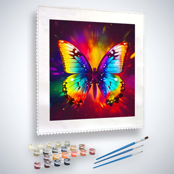 Malen nach Zahlen Kit - Regenbogen Schmetterling inklusive Farben und Pinsel, leuchtender bunter Schmetterling auf Leinwand.