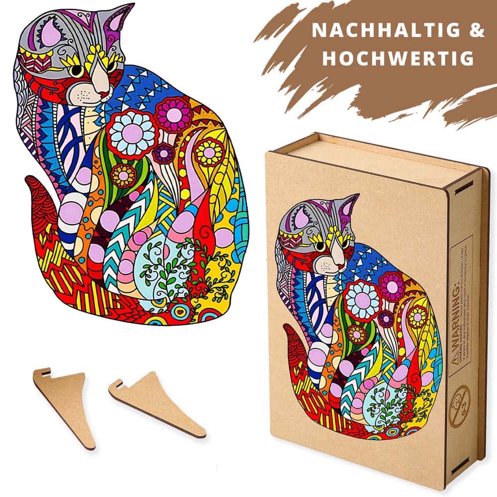 Buntes, lasergestanztes Holzpuzzle in Katzenform, nachhaltige Verpackung, Holzaufsteller inklusive