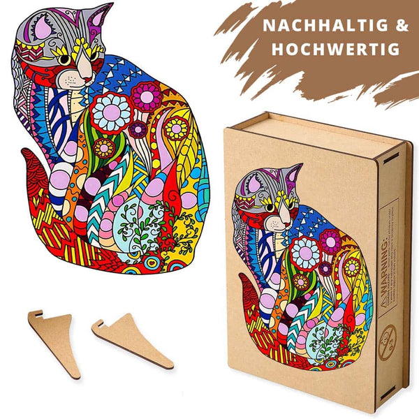 Buntes, lasergestanztes Holzpuzzle in Katzenform, nachhaltige Verpackung, Holzaufsteller inklusive