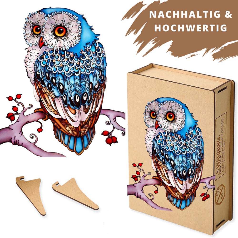 Holzpuzzle Eule auf Ast - Umweltfreundlich, hochwertige lasergestanzte Teile, inklusive Holzaufsteller, Geschenkverpackung aus Holz