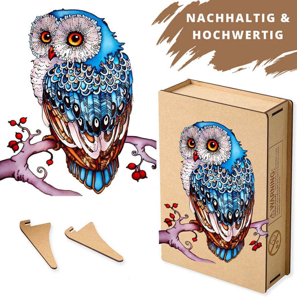 Holzpuzzle Eule auf Ast - Umweltfreundlich, hochwertige lasergestanzte Teile, inklusive Holzaufsteller, Geschenkverpackung aus Holz