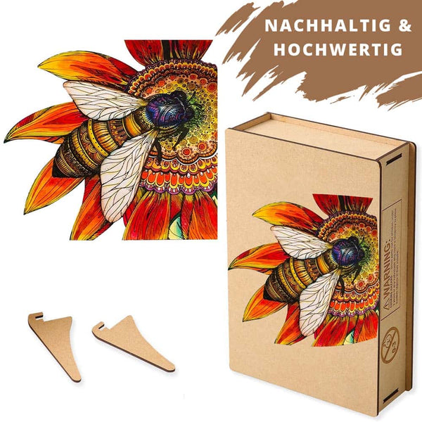 Holzpuzzle Biene - Umweltfreundliches lasergestanztes Puzzle mit Holzteilen, Geschenkverpackung, 2 Holzaufstellern und bunter Motivvorschau