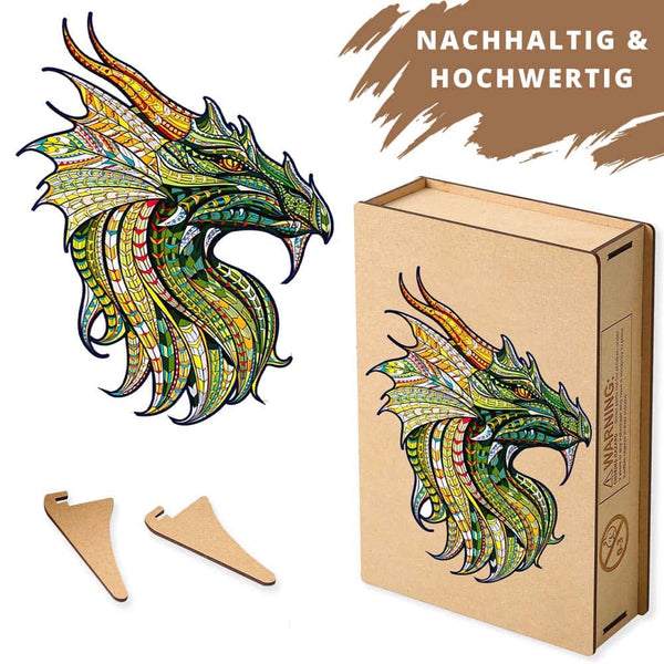 Holzpuzzle - Drache in grün - hochwertige Leinwand - holzpuzzle