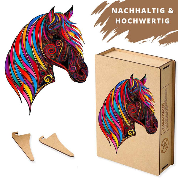 Holzpuzzle - Pferd, Regenbogenmähne - hochwertige Leinwand - holzpuzzle