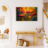 Framed diamond painting of vibrant red mushrooms in a cozy, modern living room setting.