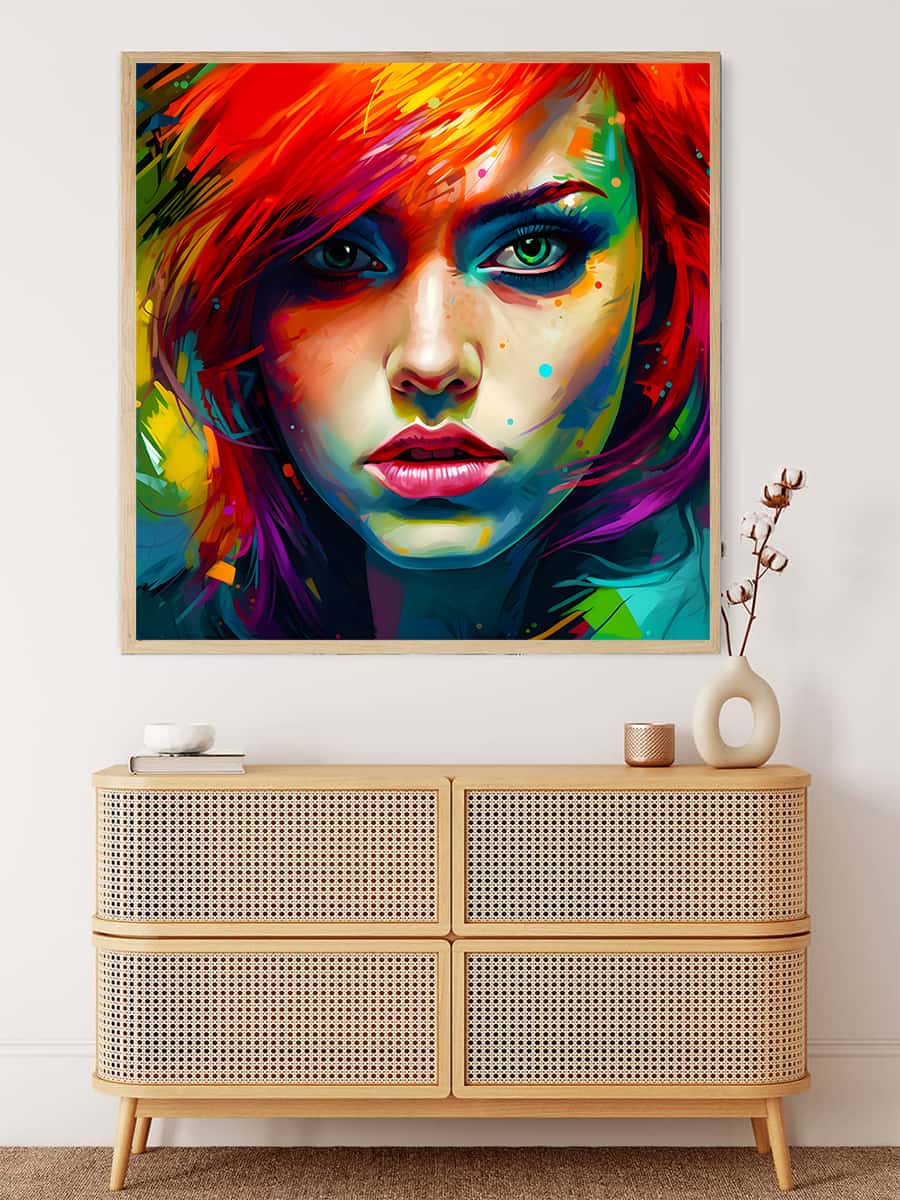 AB Diamond Painting Portrait Farbexplosion displaying vibrant, colorful face above wicker dresser in modern room. Fun and creative art décor.