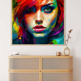 AB Diamond Painting Portrait Farbexplosion displaying vibrant, colorful face above wicker dresser in modern room. Fun and creative art décor.