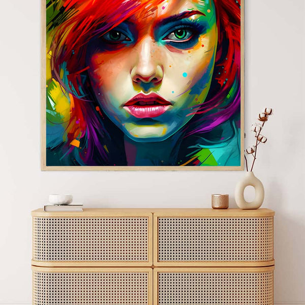 AB Diamond Painting Portrait Farbexplosion displaying vibrant, colorful face above wicker dresser in modern room. Fun and creative art décor.