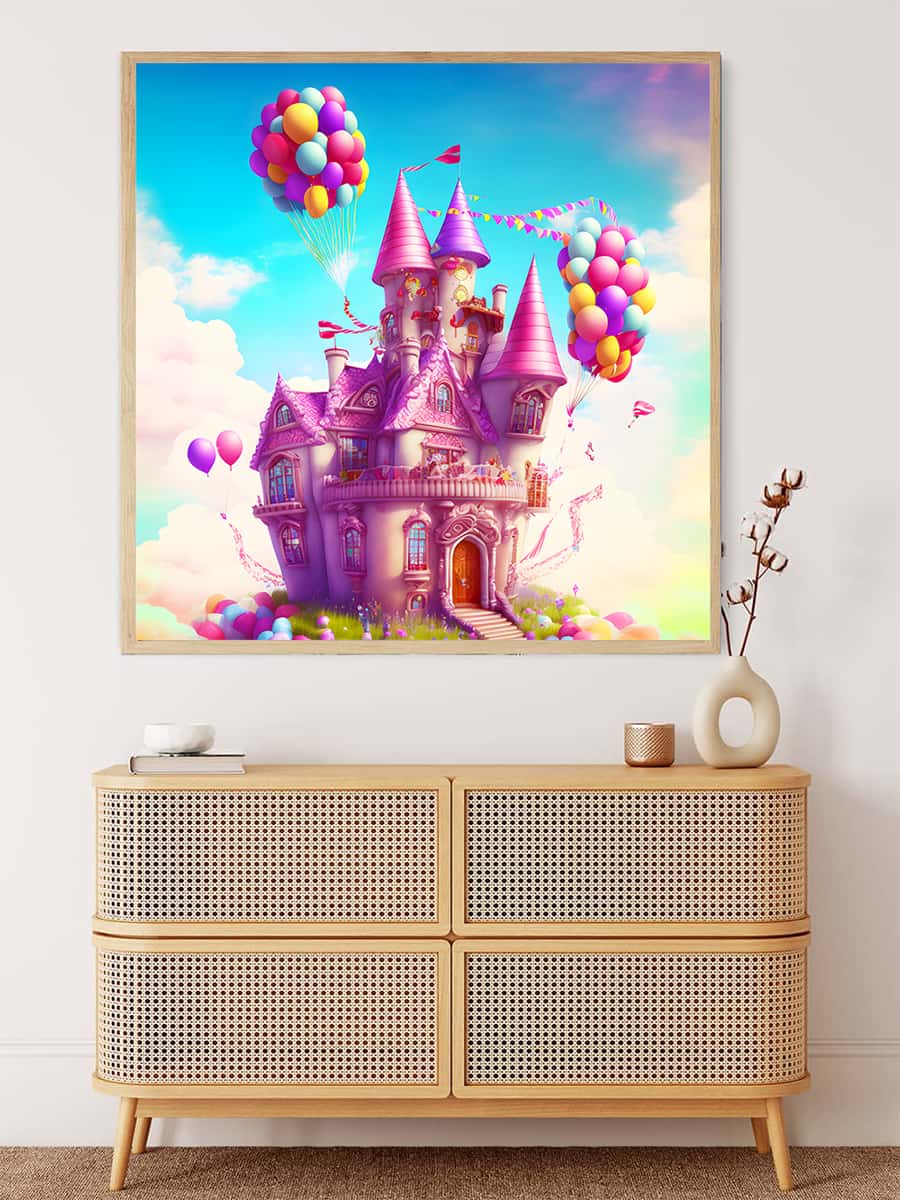 Märchenschloss mit Luftballons AB-Diamantmalerei, Kunstwerk in buntem Rahmen über Kommode, funkelnde, faszinierende Szene
