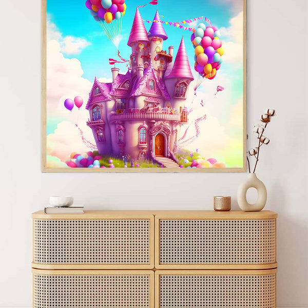 Märchenschloss mit Luftballons AB-Diamantmalerei, Kunstwerk in buntem Rahmen über Kommode, funkelnde, faszinierende Szene
