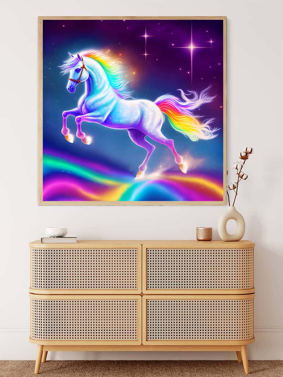 AB Diamond Painting - Einhorn auf Regenbogen im modernen Wohnzimmer, leuchtende Farben und funkelnde AB-Diamantmalerei.