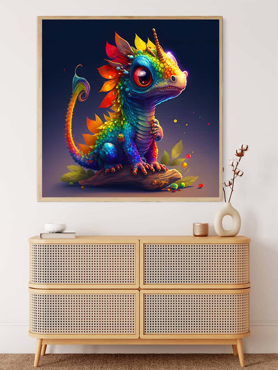 Malen nach Zahlen - Regenbogen Drache Kunstwerk an der Wand über einer Kommode