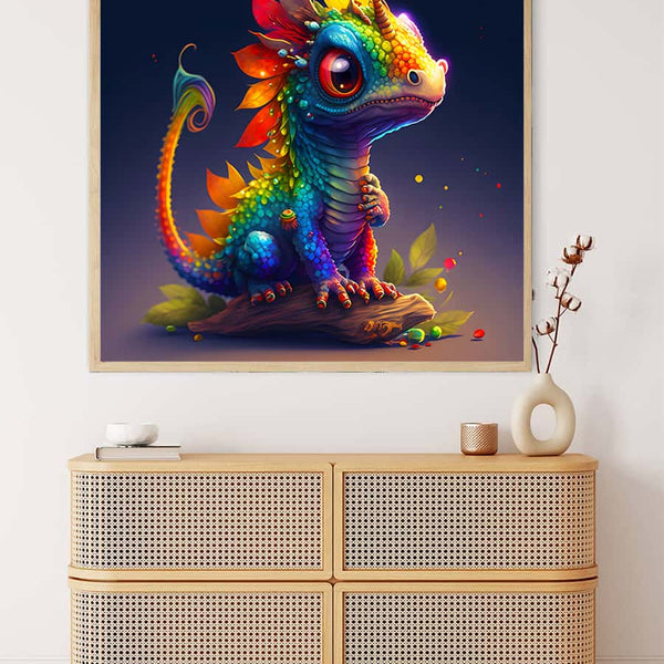 Malen nach Zahlen - Regenbogen Drache Kunstwerk an der Wand über einer Kommode