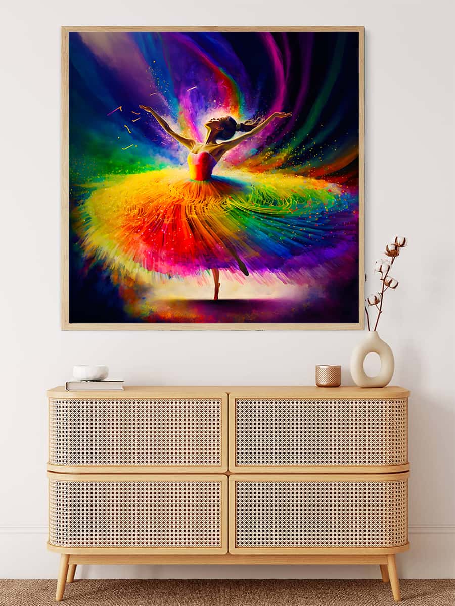 AB Diamond Painting Farbzauber Ballerina - colorful ballerina artwork displayed above a rattan sideboard.