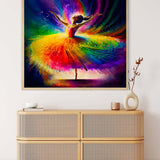 AB Diamond Painting Farbzauber Ballerina - colorful ballerina artwork displayed above a rattan sideboard.