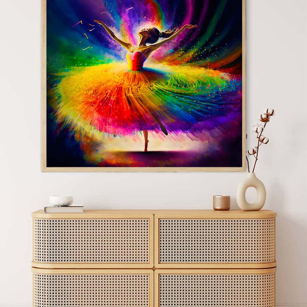 AB Diamond Painting Farbzauber Ballerina - colorful ballerina artwork displayed above a rattan sideboard.