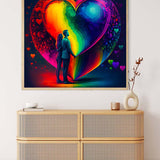 AB-Diamantmalerei buntes Herz der Liebe, Paar - funkelndes, leuchtendes Diamantbild an der Wand über einer Kommode