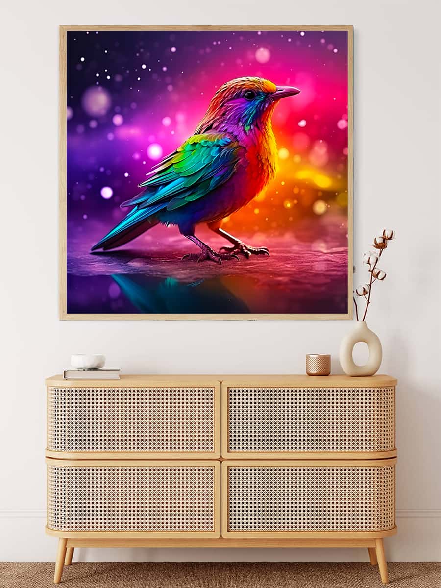 AB Diamantmalerei Bild eines bunten, leuchtenden Vogels an der Wand über einer modernen Kommode.