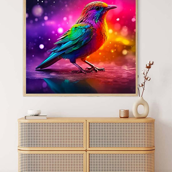 AB Diamantmalerei Bild eines bunten, leuchtenden Vogels an der Wand über einer modernen Kommode.