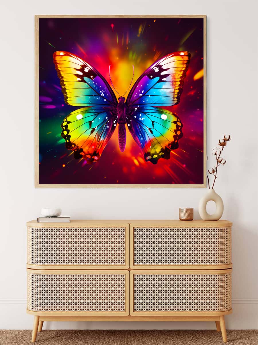 AB Diamond Painting Regenbogen Schmetterling auf Sideboard mit Leuchtendem Hintergrund