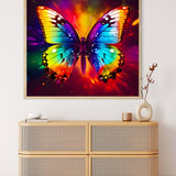 AB Diamond Painting Regenbogen Schmetterling auf Sideboard mit Leuchtendem Hintergrund