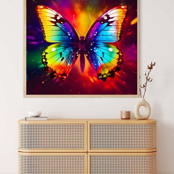 AB Diamond Painting Regenbogen Schmetterling auf Sideboard mit Leuchtendem Hintergrund