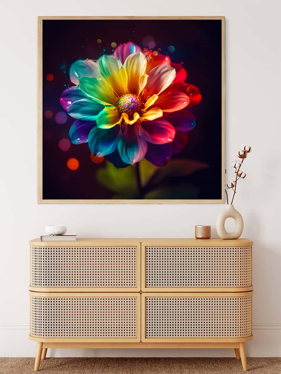 Regenbogen Blume AB-Diamantmalerei Kunstwerk über einem modernen Sideboard. Funkelnde Mosaikblume auf schwarzem Hintergrund.
