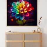 Regenbogen Blume AB-Diamantmalerei Kunstwerk über einem modernen Sideboard. Funkelnde Mosaikblume auf schwarzem Hintergrund.