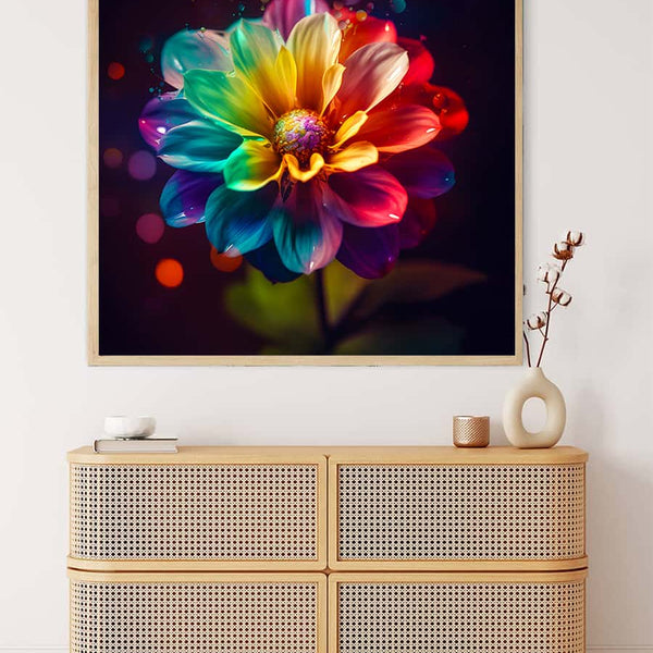 Regenbogen Blume AB-Diamantmalerei Kunstwerk über einem modernen Sideboard. Funkelnde Mosaikblume auf schwarzem Hintergrund.