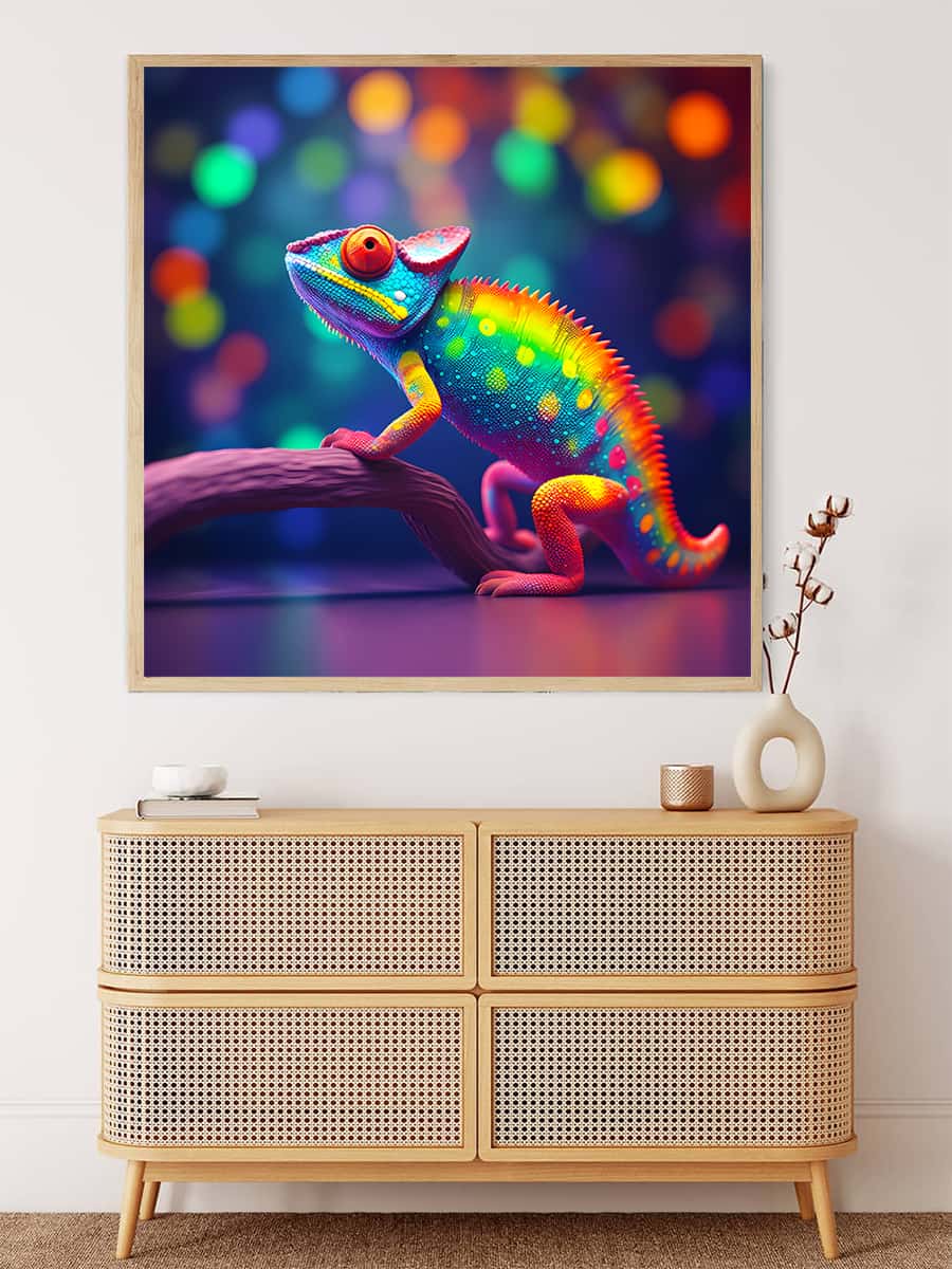 AB Diamond Painting Regenbogen Chamäleon - farbenfrohes Chamäleon-Kunstwerk an der Wand in funkelnden Farben.