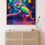 AB Diamond Painting Regenbogen Chamäleon - farbenfrohes Chamäleon-Kunstwerk an der Wand in funkelnden Farben.