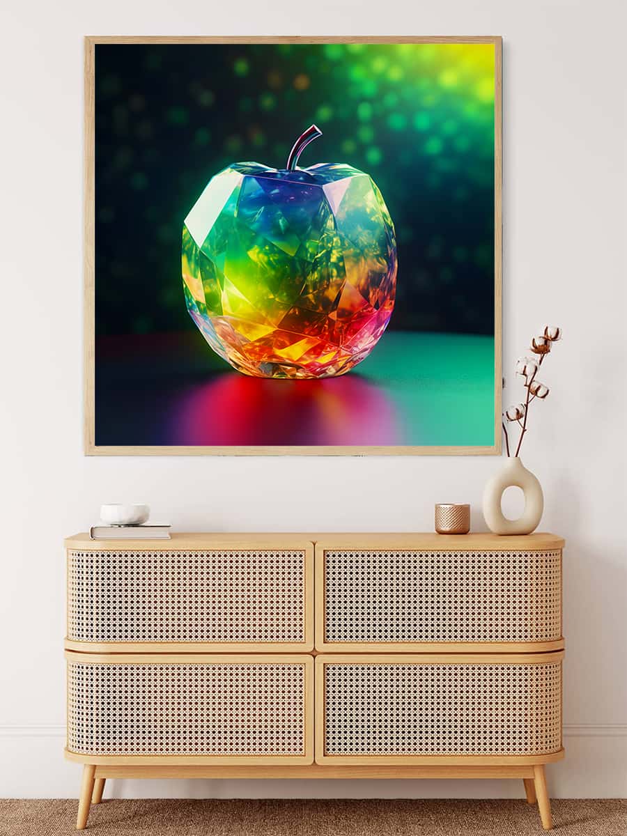 AB Diamond Painting - Diamant Apfel, leuchtend auf Bilderrahmen über Kommode, inspirierende Kunstform, die Malerei und Mosaiktechniken kombiniert.